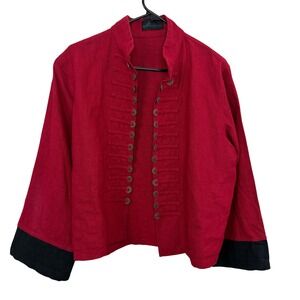 Peacock Ways Jacket Womens Red Linen Coins Military Style Contrast Cuffs Boxy